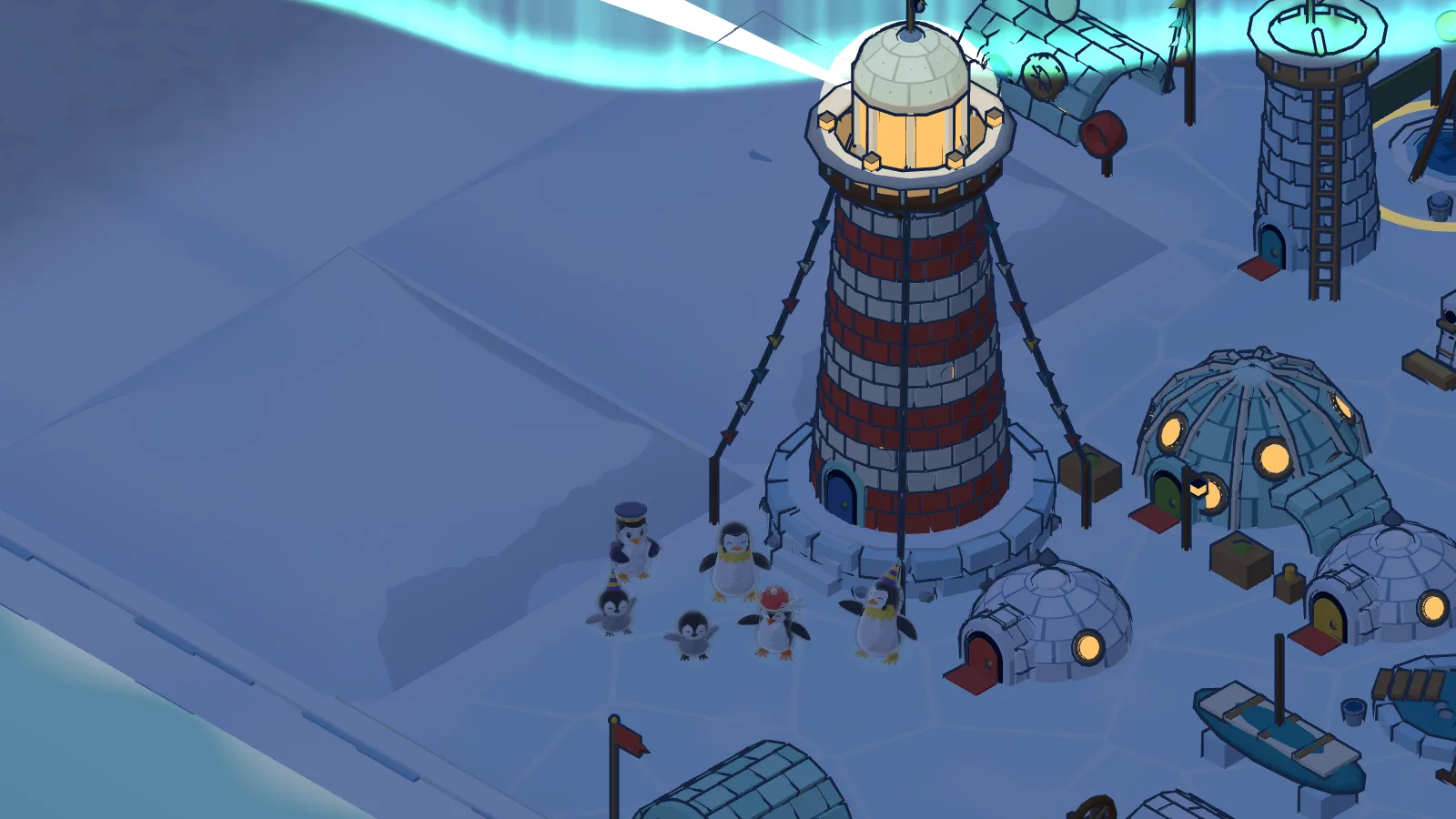 A red and white lighthouse above a village of igloos, with a crowd of penguins in party hats